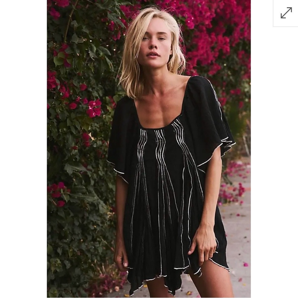 Free People Joelle Tunic Babydoll Mini Dress Black White XL